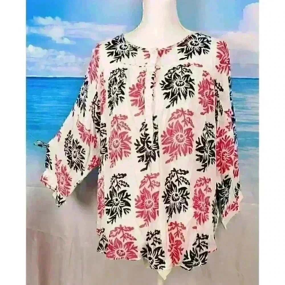 WHITE/RED/BLACK Shirt TUNIC Top Long Sleeve Blouse Lightweight size 3x